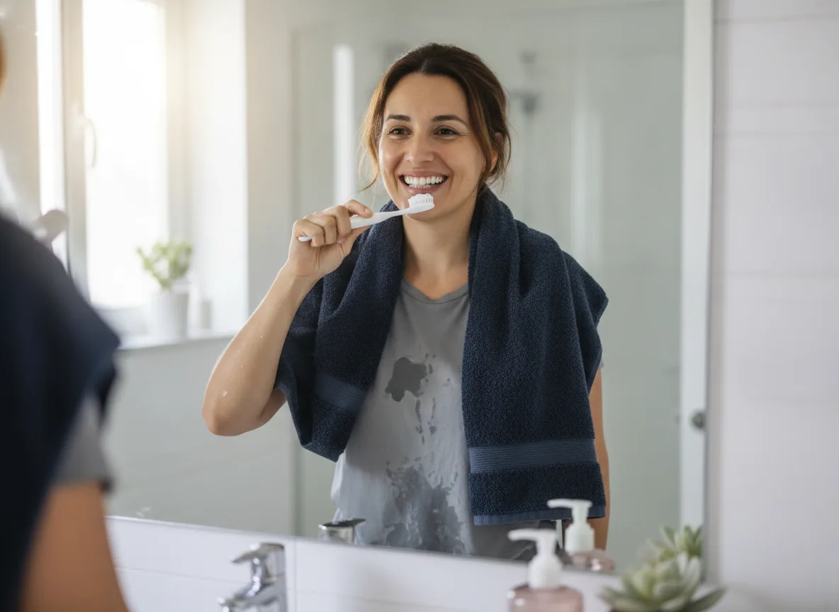 Woman smiling while brushing her teeth at home