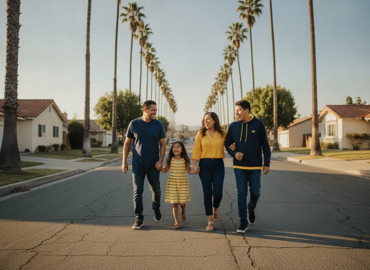A family walking together on a sunny, palm-lined street in Pacoima