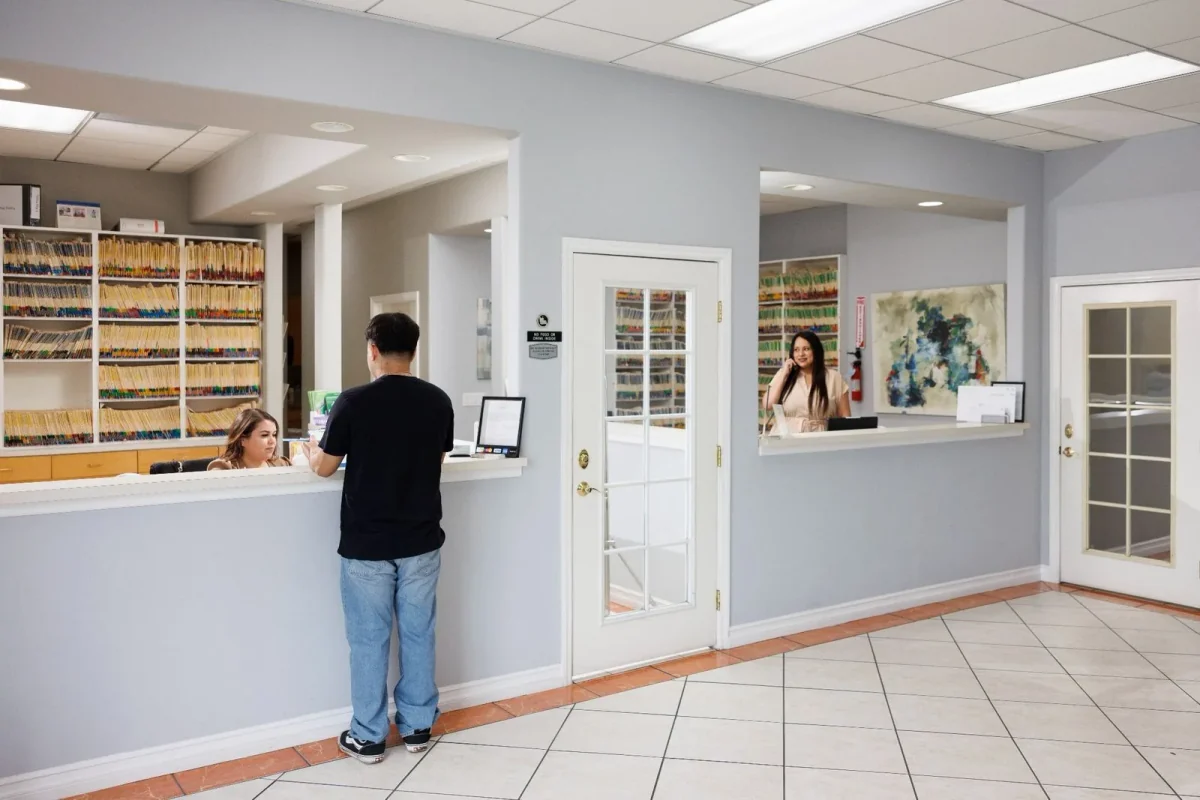 The bright, clean reception and front office area
